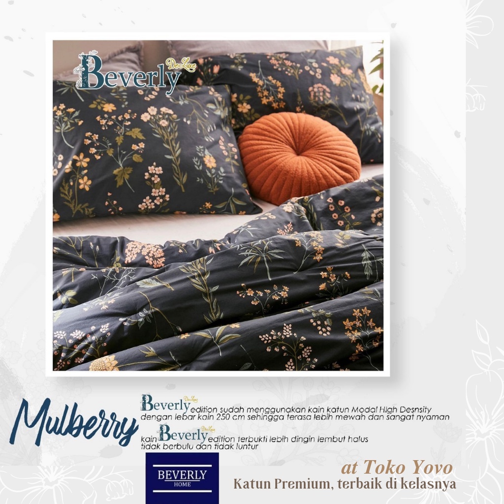 Sprei Katun Halus Beverly Mulberry Bunga Daun Hitam Grey Black Seprei