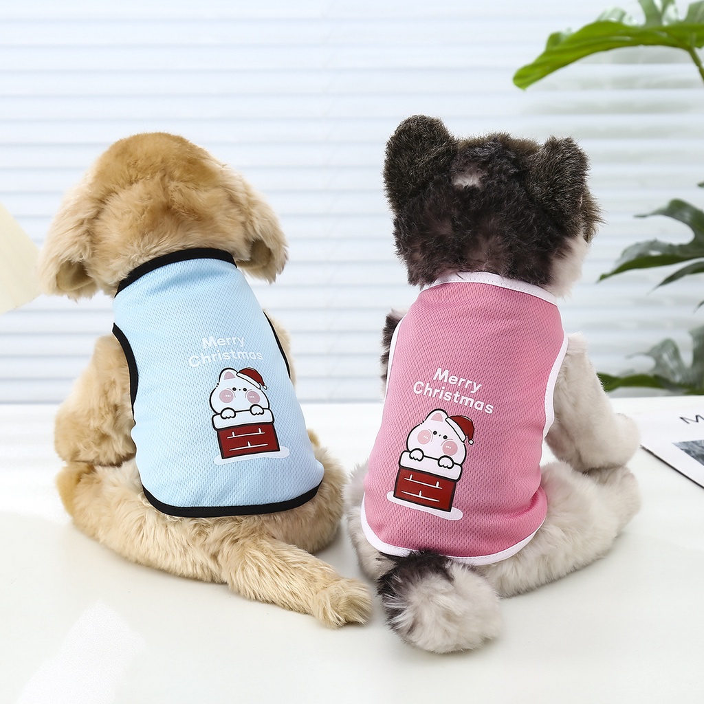 Pakaian Hewan Peliharaan Gaya Natal Rompi Dicetak Baju Anjing Lucu Tanpa Lengan Bernapas T-shirt XS-XXL
