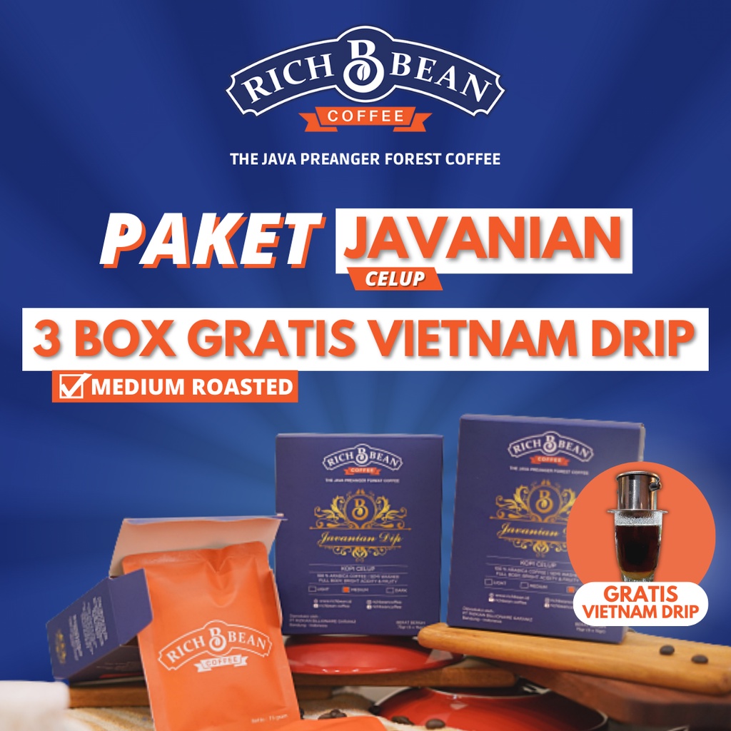 PAKET KOPI CELUP RICHBEAN [3 Box] - Free Vietnam Drip - Kopi Sachet Celup Murni Arabica Medium Roast