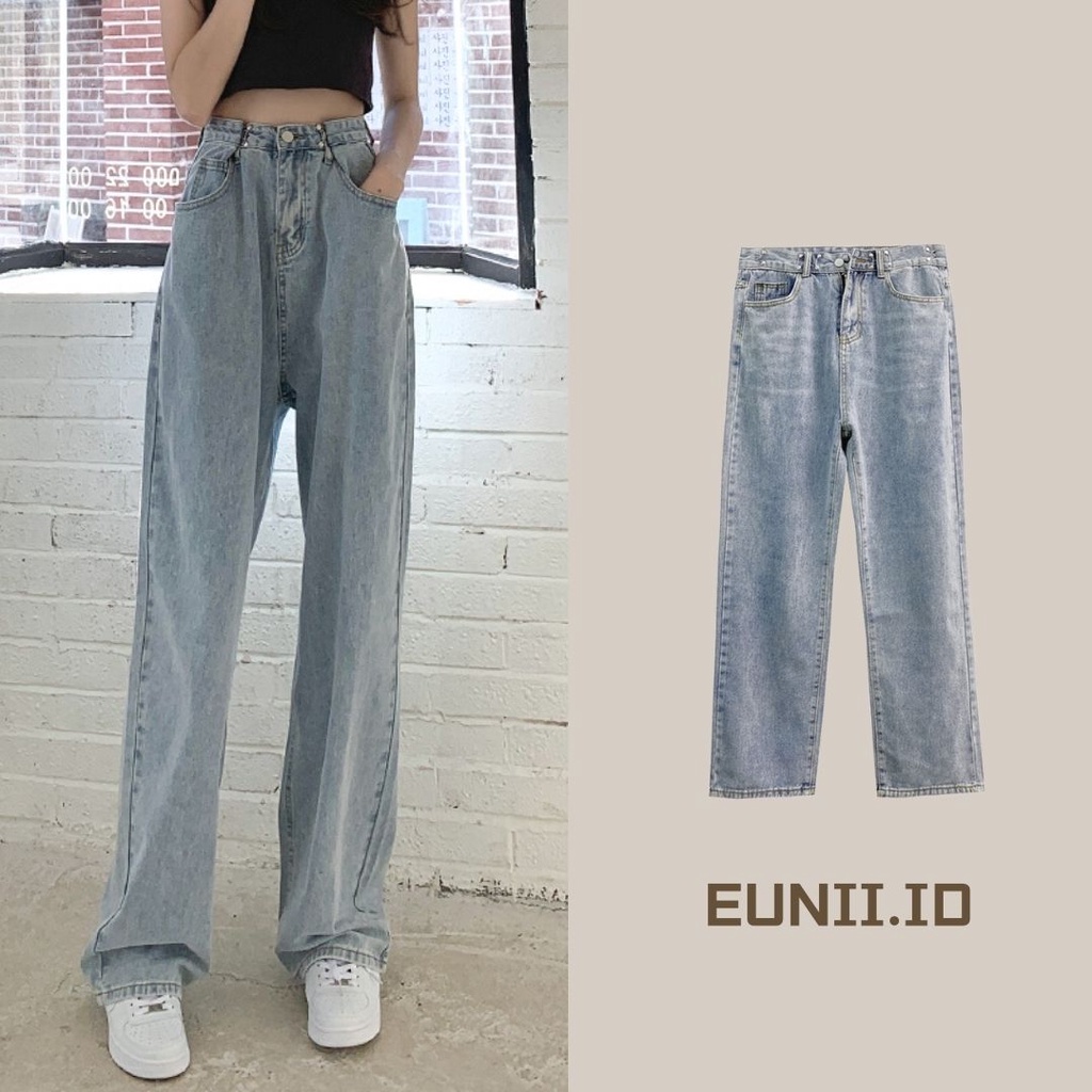 EUNII Versi Korea Desain Kancing Model Retro Biru Muda Longgar Kaki Lebar Jeans