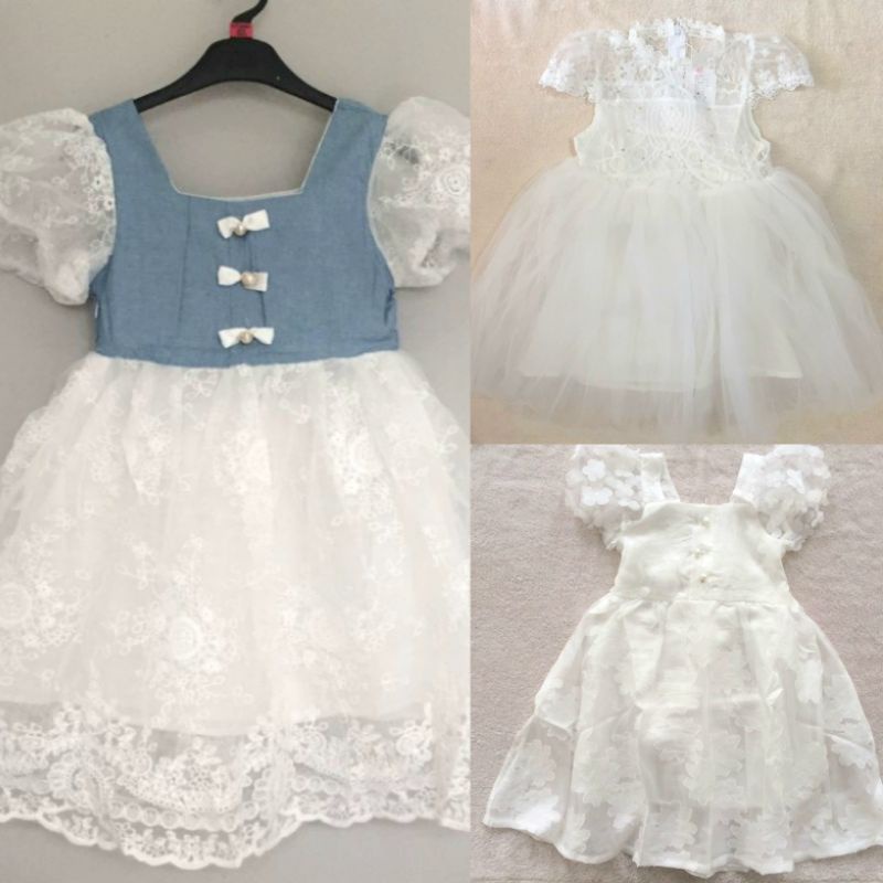 Dress Brukat putih bunga 3D biru jeans import 4-11th gaun brokat lace renda jeans putih teens