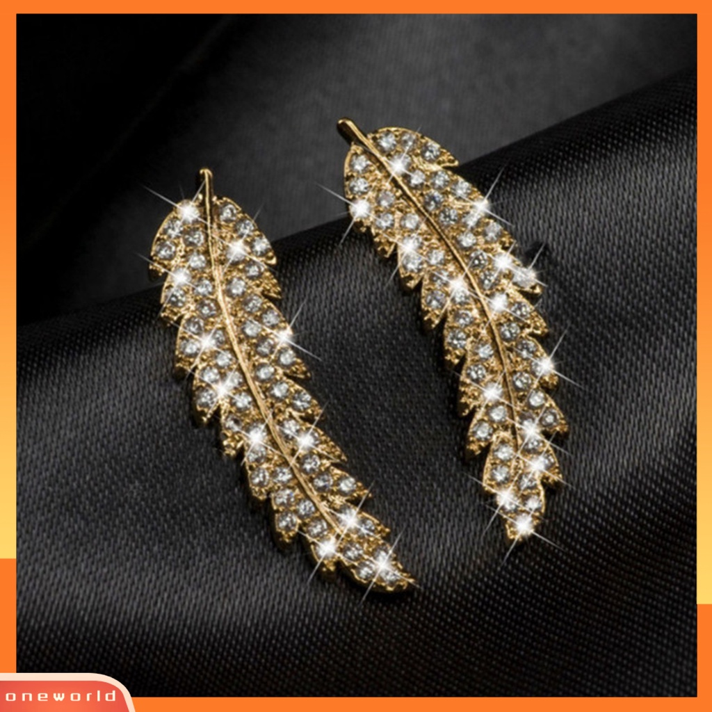 [WONE] 1pasang Wanita Anting Daun Berlian Imitasi Perhiasan Electroplating Sparkling Stud Earrings Untuk Pernikahan