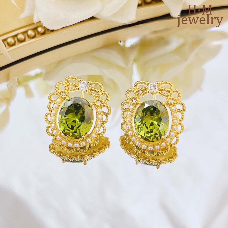 LUSH Anting Vintage Elegan Rimbun Hijau Olive Earrings Mutiara Kristal Hijau Hutan Rimbun