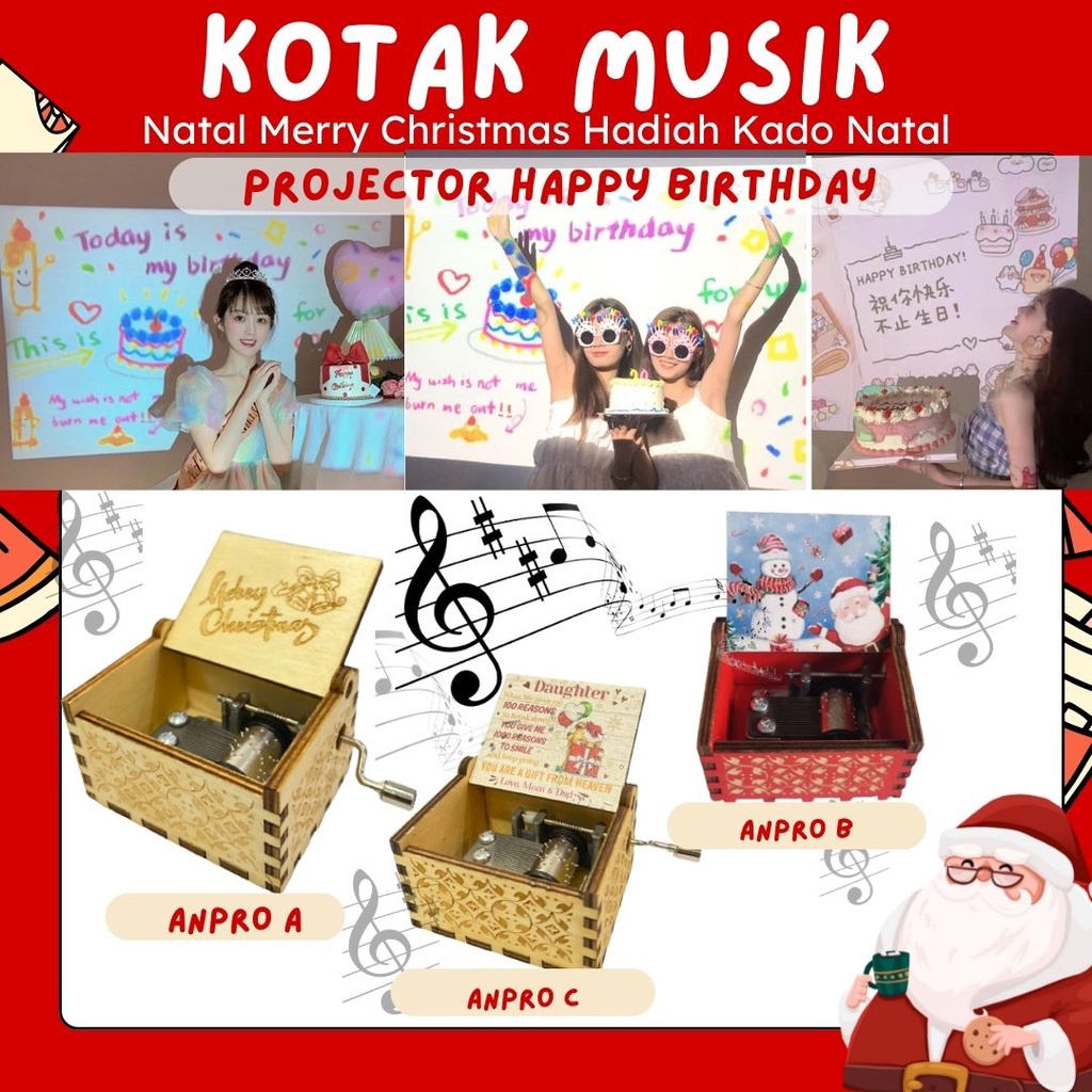 Happy Birthday Projector Party Lamp Cute Birthday Gift Idea Kotak Musik ANPRO Wooden Vintage Music Box Souvenir Kado Elegan Antik Merry chrismast