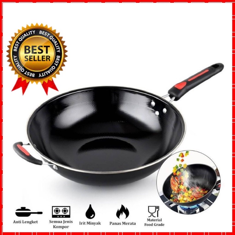 Wajan Enamel Gagang Panjang List Merah 32/34CM - Teflon Tebel Tahan Api -  Fry Pan Hitam Cekung Anti Lengket - Wook Pan Jumbo Penggorengan Hiqh Quality