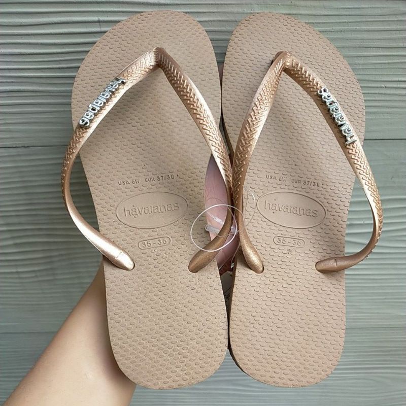 Sandal Jepit Wanita Havaianas Slim Logo Metalic - Rose Gold