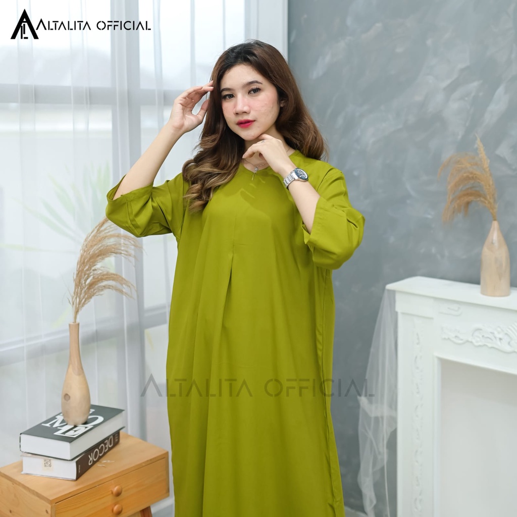 Altalita - Daster Polos Semata Kaki Busui Lengan Tangan Panjang 3/4 Home Dress Gamis Rayon Polos Jumbo LD 120 Long Dress Polos Tangan Panjang Bahan Katun Rayon Adem Tebal Premium