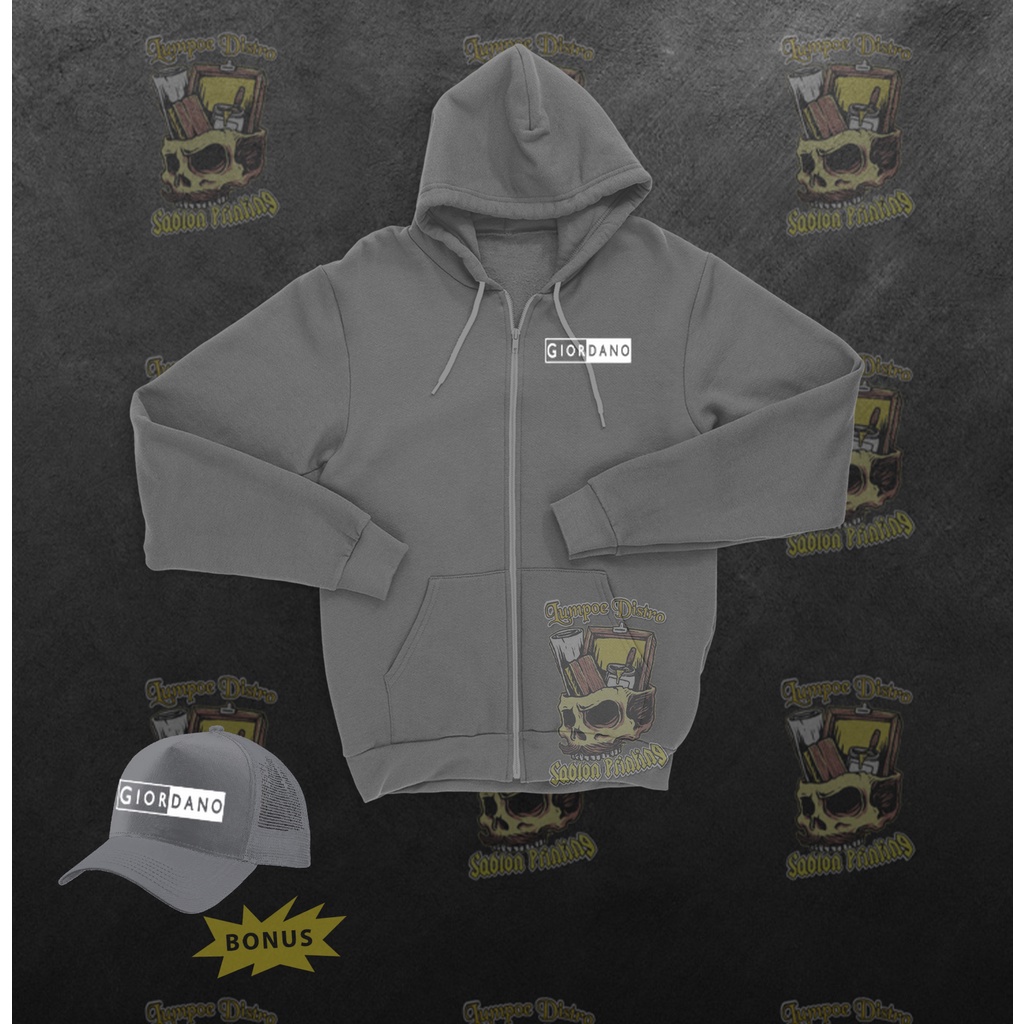 Free TOPI Zipper Giardano blok Quality White Premium Baju Tshirt Lengan Tebal Crewneck Branded Origi
