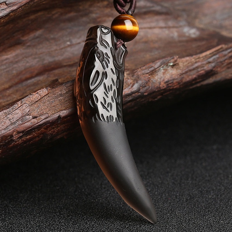 Kalung Liontin Gigi Obsidian Batu Hitam Dan Es Serigala Jimat Dan Jimat Kalung Pasangan Pria Dan Wanita