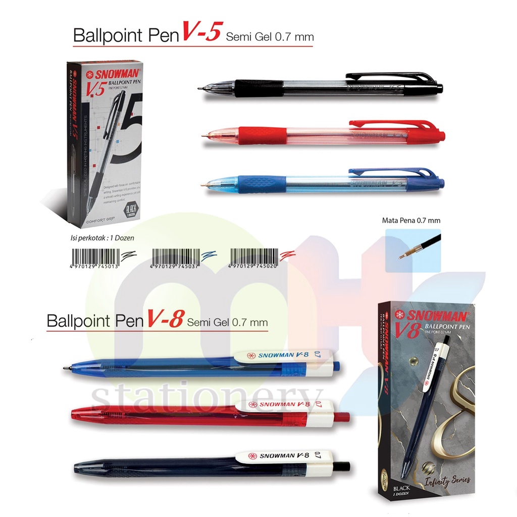 

SNOWMAN V-5 V-8 Bolpoin Pulpen Ballpoint Semi Gel Pen Pena 0.7 mm 1 Box 12 Pcs