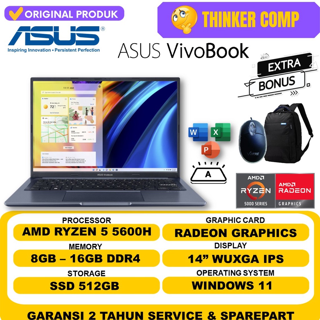 Laptop Gaming Asus Vivobook 14X M1403QA AMD Ryzen 5 5600H RAM 16GB 512GB SSD WUXGA IPS Windows 11 Original Terlaris