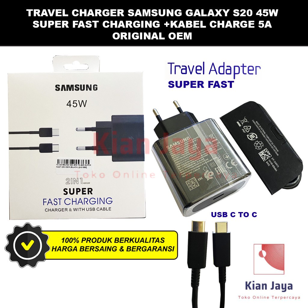 Charger Samsung Galaxy S20 Super Fast Charging 45w USB Cable C to C 5 Ampere Support Pegisian Daya Super Cepat Original OEM TC Casan Charge Adaptor Adapter