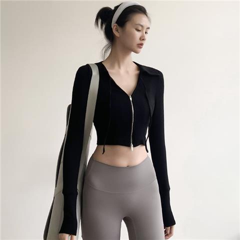 ✑▥✼Suhao Jaket Olahraga Wanita Model Pendek Bocor Pusar Pelangsing Awal Musim Gugur Yoga Top Lari Cepat Kering Lengan Panjang seksi Kebugaran Pakaian