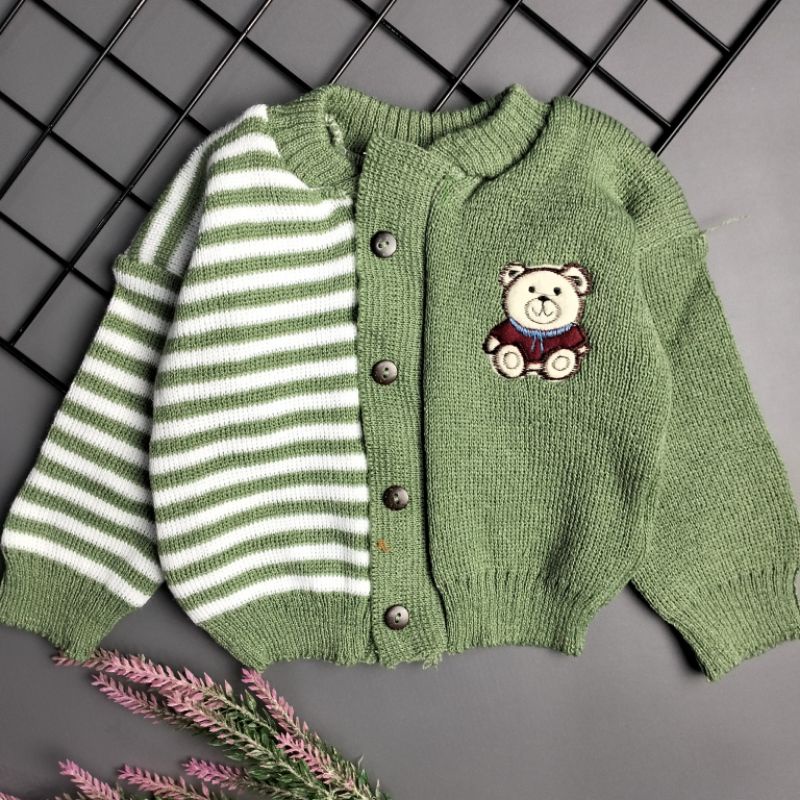 jacket mantel sweater rajut bayi 0-12 bulan bear garis