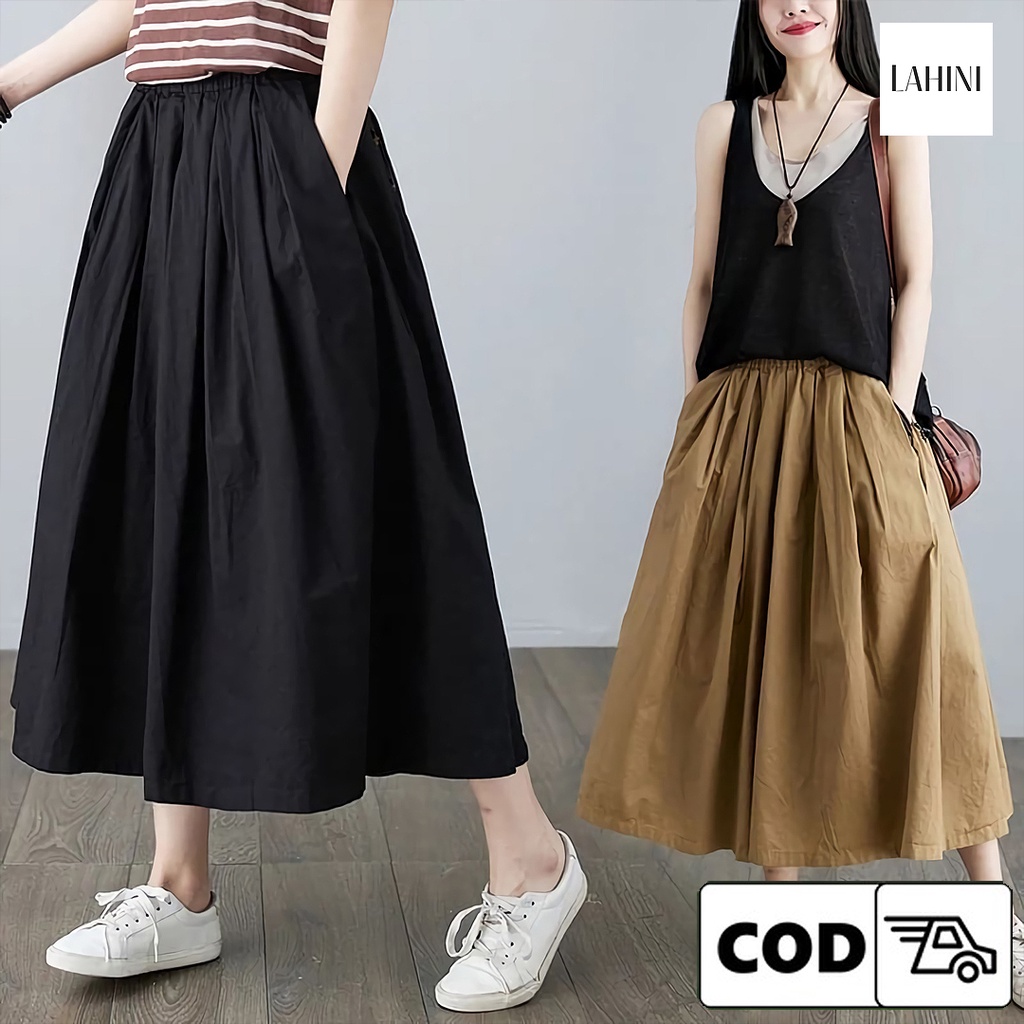 Rok Celana Wanita Kekinian Korean Style Remaja Dewasa Pinggang Karet Bahan Linen Adem Halus Warna Po