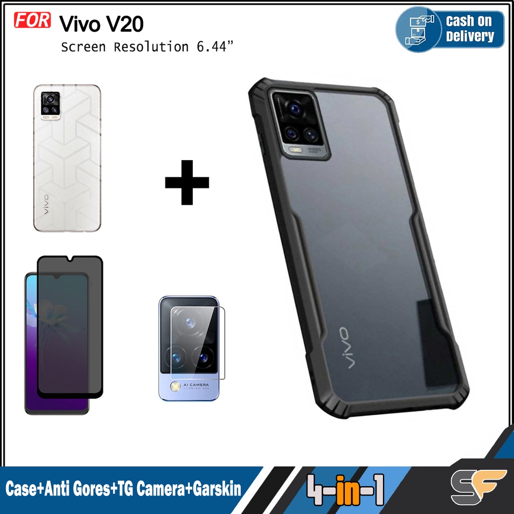 Paket 4in1 Case Vivo V20 Bonus Screen Protector Bonus Camera Lens Protector dan Garskin Anti Jamur