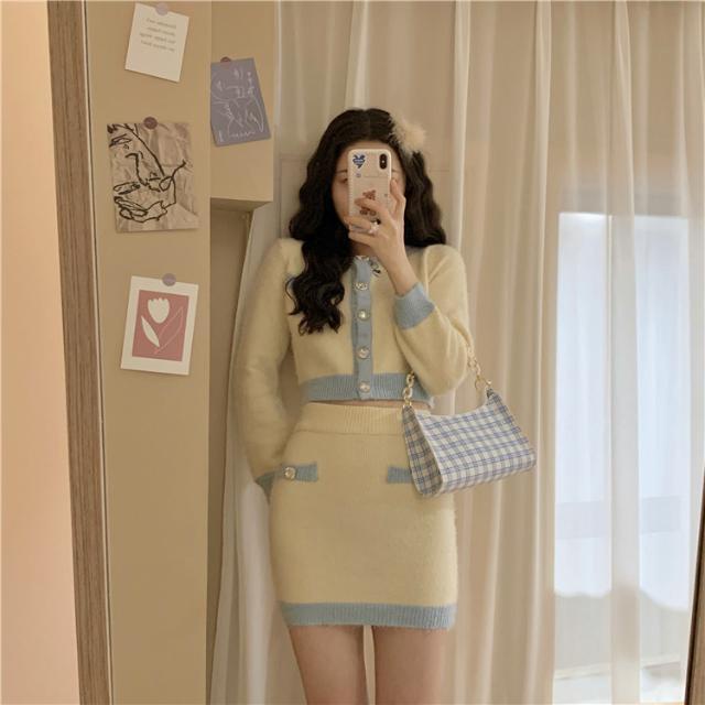 Suhao Setelan Dua Potong Wanita Trendi Gaya Korea Chic Cream Biru Muda Berbulu Rajutan Cardigan + Rok Musim Gugur setelan