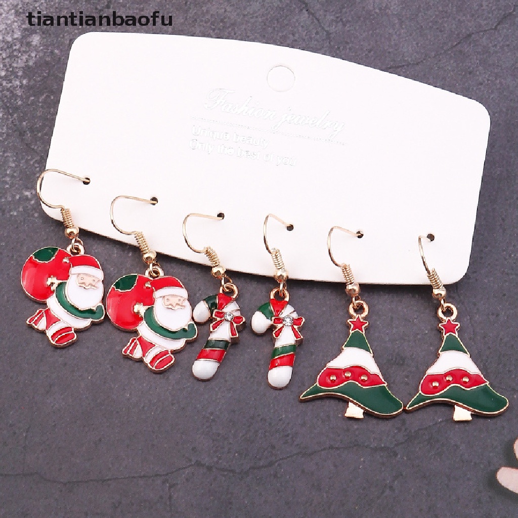 [tiantianbaofu] 1pasang Desain Baru Trendi Anting Natal Xmas Pohon Elk Snowman Santa Claus Menjuntai Anting Perhiasan Stud Earrings Hadiah Natal Untuk Wanita Gadis Butik