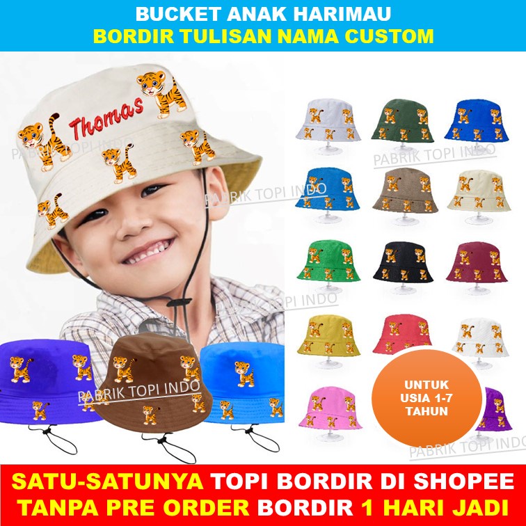 Topi Bucket Anak Tiger Harimau Custom Bordir Nama Usia 1 - 7 Tahun
