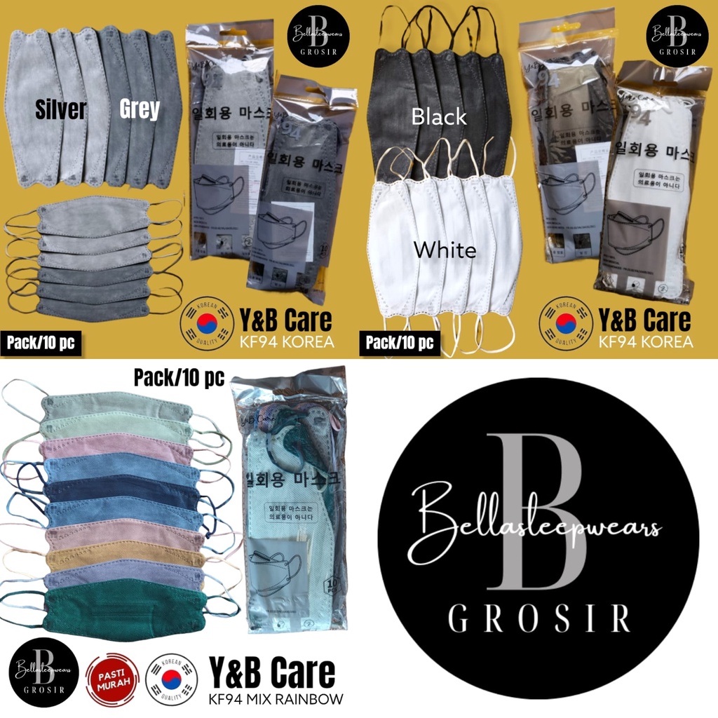 YB BLACK WHITE GREY SILVER KF94 - MASKER KF94 Y&amp;B CARE KOREA KF94 4PLY ABU SILVER PUTIH HITAM RAINBOW MIX