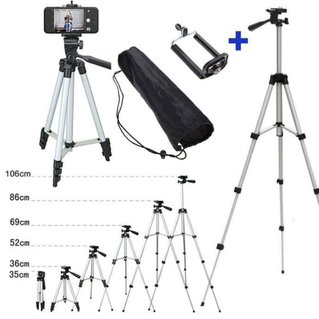 Tripod TF Camera&amp;Handphone 1 Meter 3110 Bahan Aluminium + Holder U &amp; Sarung-Tripod Stainless with 3x Extend Leg - Suite For Smartphone &amp; Camera+Free Holder U