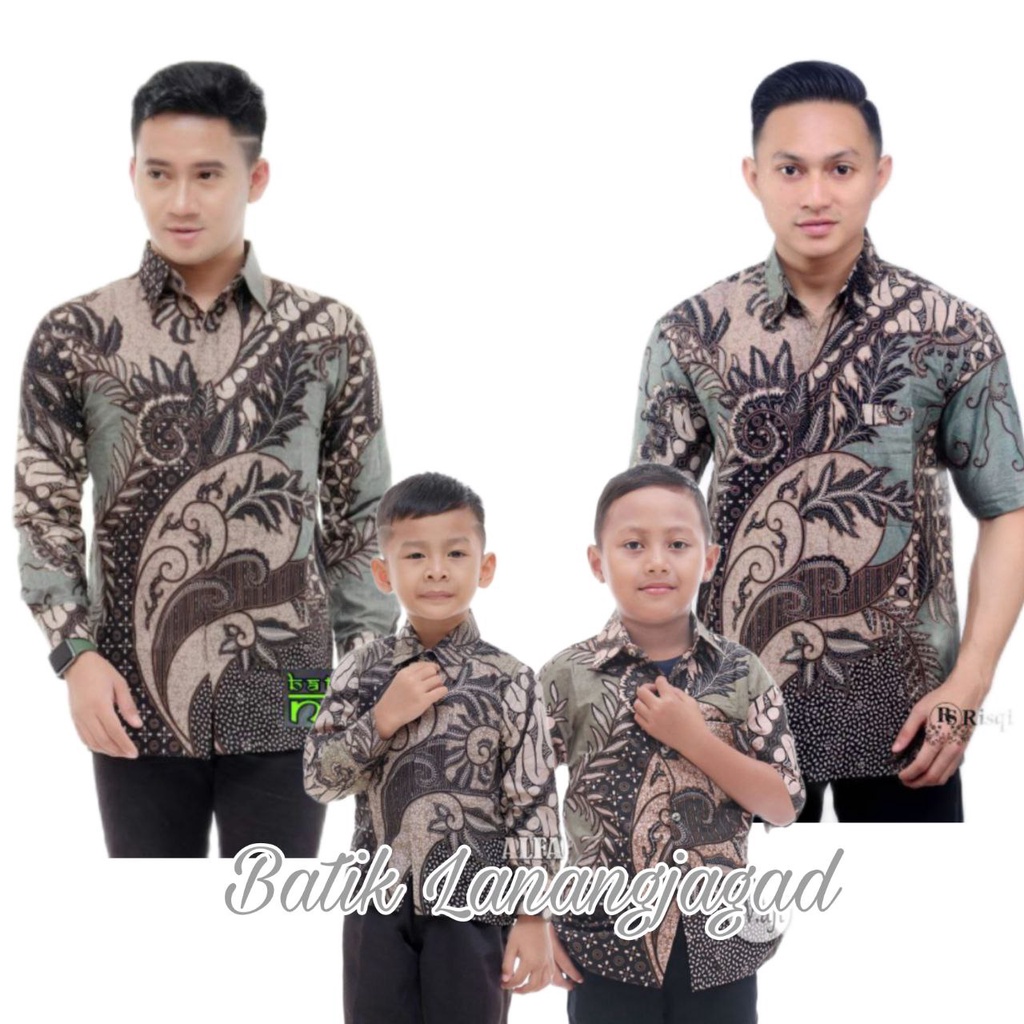 Batik Pria Couple Batik Ayah dan Anak Laki Laki Kemeja Batik Anak Cowok Motif Kate Hijau Sage