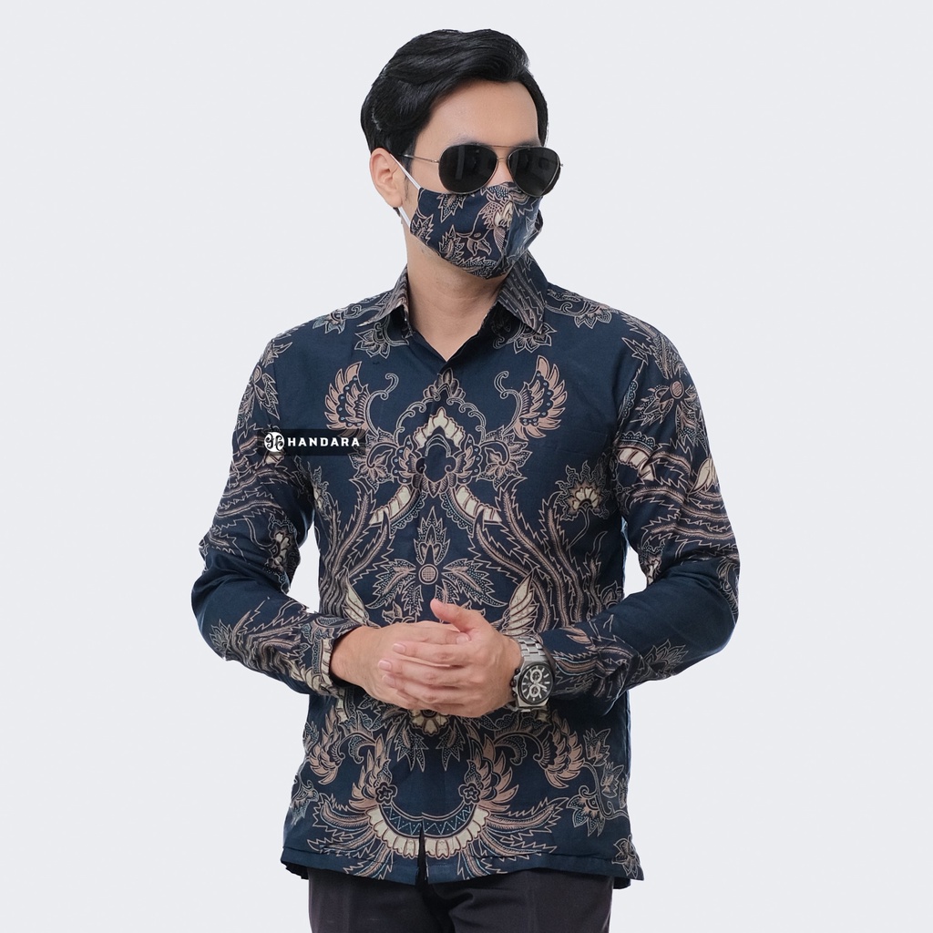 Baju Kemeja Batik Pria Lengan Panjang Slim Fit Premium Modern Full Furing Katun Halus Original Handara Motif Senopati Navy HB-211