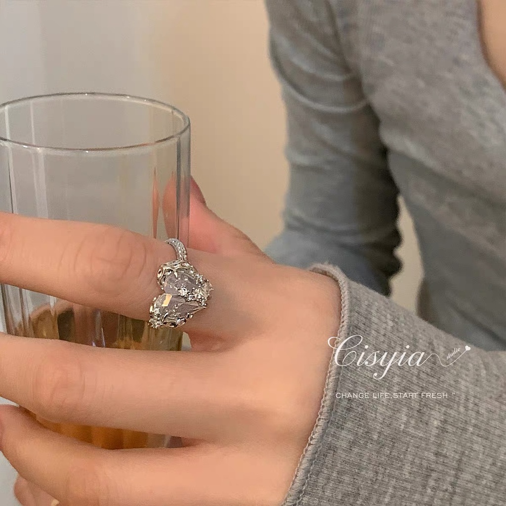 Set Cincin Batu Permata Perak Korea Untuk Wanita Cinta Hati Jari Cincin Perhiasan Y2K Aksesoris