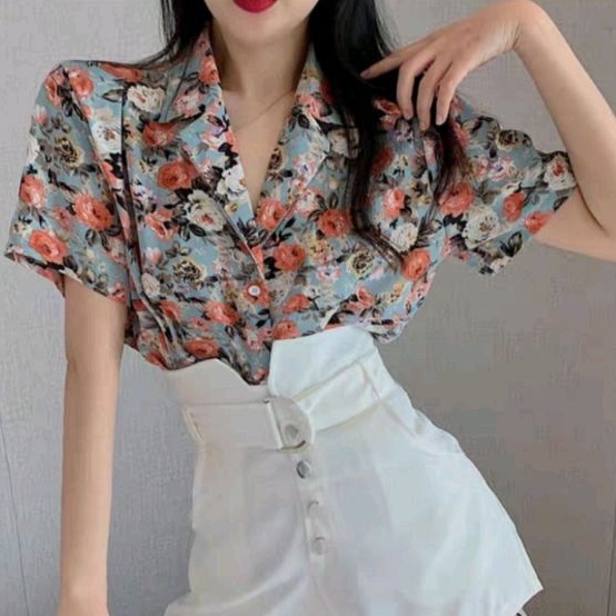 2171 Baju atasan kemeja blouse NOTCHED COLLAR  lengan pendek motif bunga flower floral vintage Korea