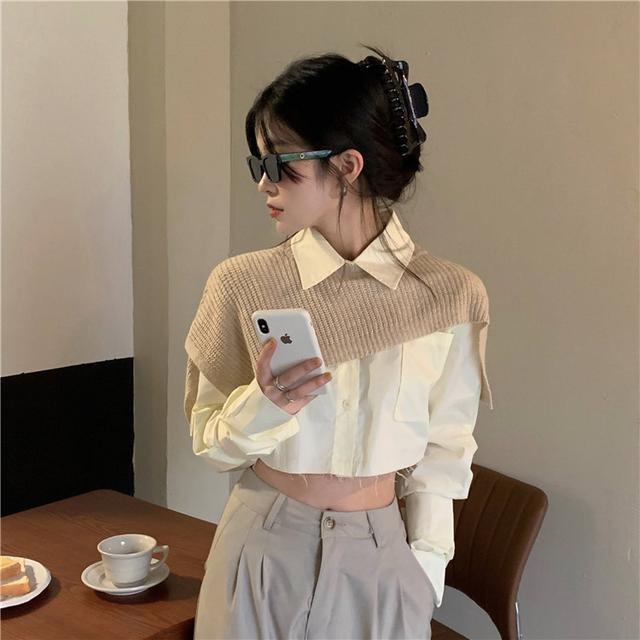Suhao musim gugur setelan dua potong gaya Korea ceruk desain selendang top longgar bagian pendek all-match kemeja lengan panjang fashion wanita