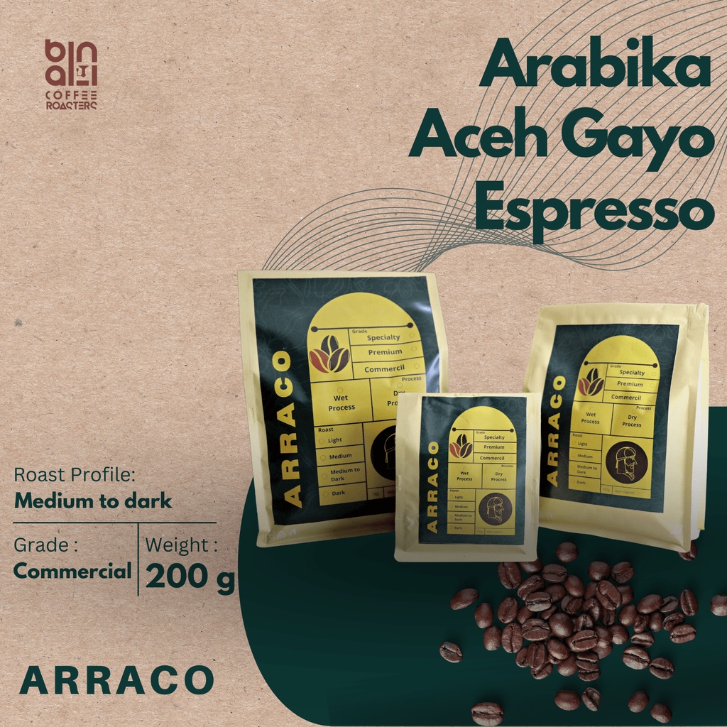 

ARRACO KOPI - Arabika Gayo Espresso 200 Gram Biji / Bubuk | Full Washed - Medium to dark Roasted