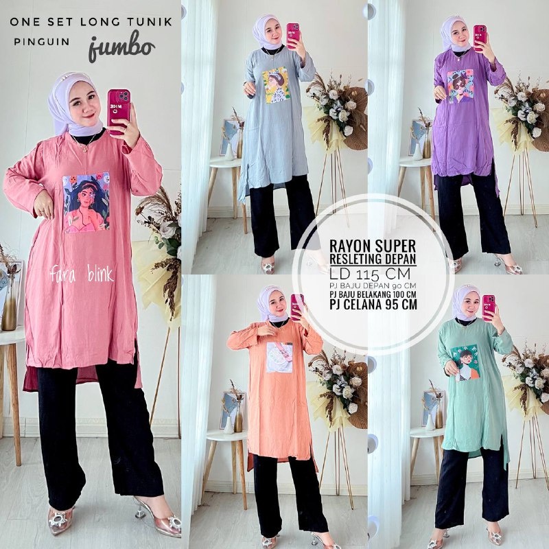 Fara Blink Setelan Tunik Terbaru One Set Rayon Polos Muslim Wanita Kekinian