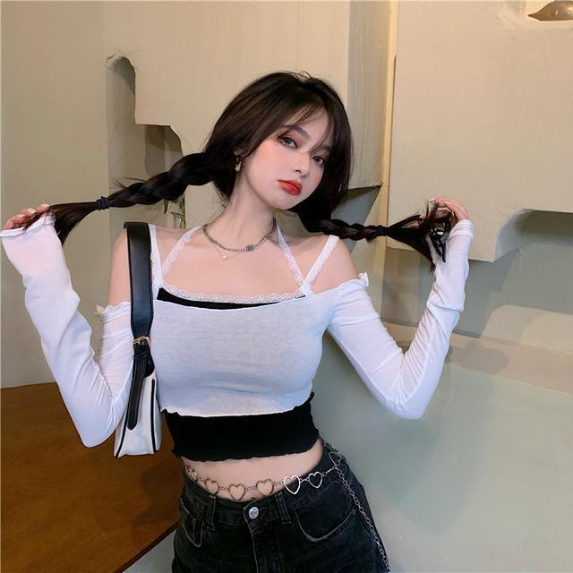 Suhao Temperamen One-Piece Suit Musim Gugur Baru Pakaian Luar Lengan Panjang T-shirt Pendek Seksi Renda Kecil Suspender Wanita setelan Jas
