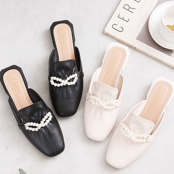 Sepatu Sandal Slop Flat Wanita Motif Mutiara Model Slip On Fashion Korea Style Kasual Nyaman PVC Azgalery SPT-41