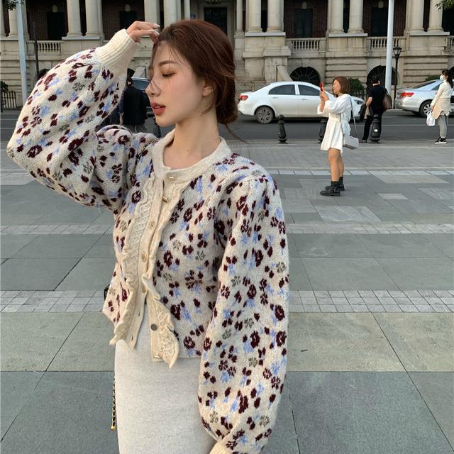 Suhao cardigan mantel wanita rajutan one-piece suit longgar leher bulat single-breasted retro jacquard cropped sweater atasan lengan panjang