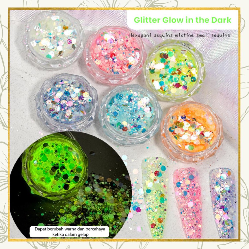 [ COD ] Payet Glitter Glow In The Dark Aksesoris Nail/Hiasan Kuku Nail Art