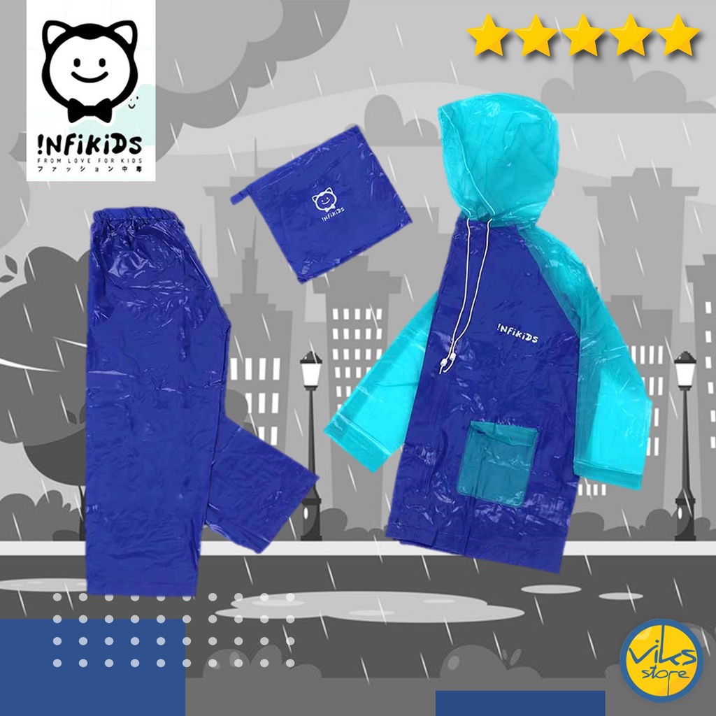 Jas Hujan Anak Kecil 6 - 12 Tahun Infikids Stelan Anti Air Kuat Anti Tembus Bahan PVC Karet Untuk Sekolah SD SMP Sepedah Bermain Motor Mantel Hujan