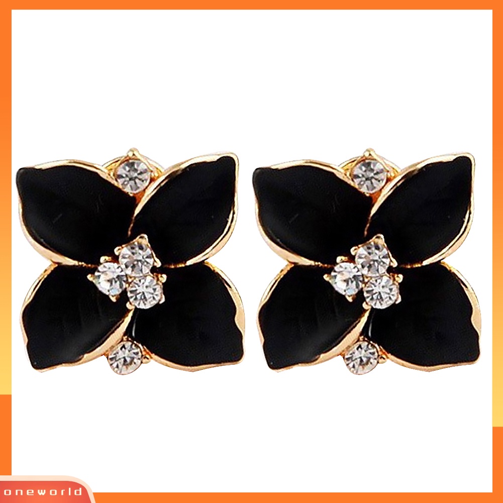 OW@ Women Rhinestone Inlaid Enamel Clover Shape Stud Earrings Party Jewelry Gift