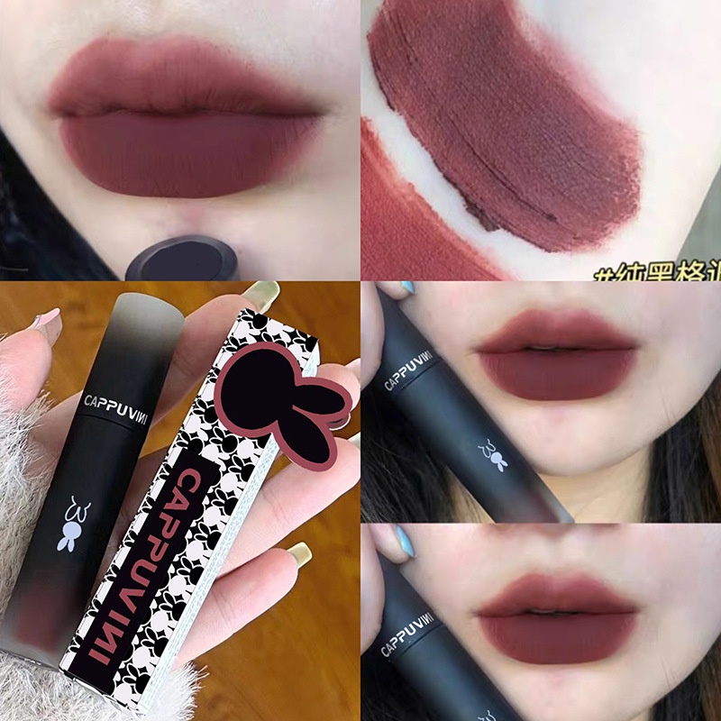 Cappuvini Matte Lip Glaze Dark Series Lipstick Warna Gelap Cappuvini Lipstick Matte Velvet Lip Gloss Waterproof Tahan Lama-01 BLACK STYLE