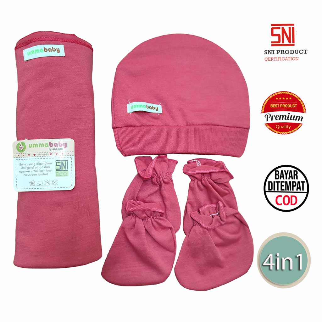 4in1 Bedong Bayi Topi Kupluk Bayi Sarung Tangan Kaki Bayi Perlengkapan bayi baru lahir Kain Selimut Bayi Kain Bedongan bayi Alas Tidur Bayi Selimut Tidur Bayi Baby Hat Set Topi Bulat Bayi Perlengkapan Dusty dan Kuning