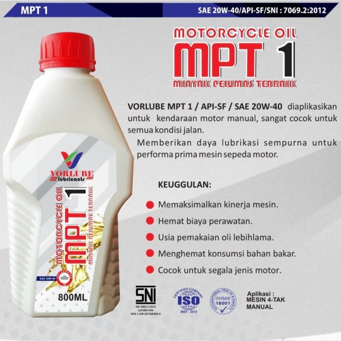 Vorlube MPT 1 SAE 20W40 API SF 1 Liter Oli Motor Manual SNI