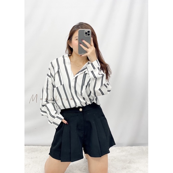 MDLV ~ 4105# Adolia Striped Shirt Kemeja Salur Import