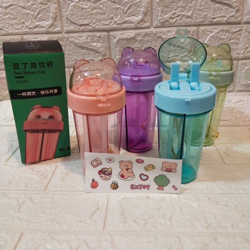 BOTOL MINUM 2 SISI KEPALA BERUANG- Botol minum 420ml Free stiker 2D + tali gantungan BZ 248