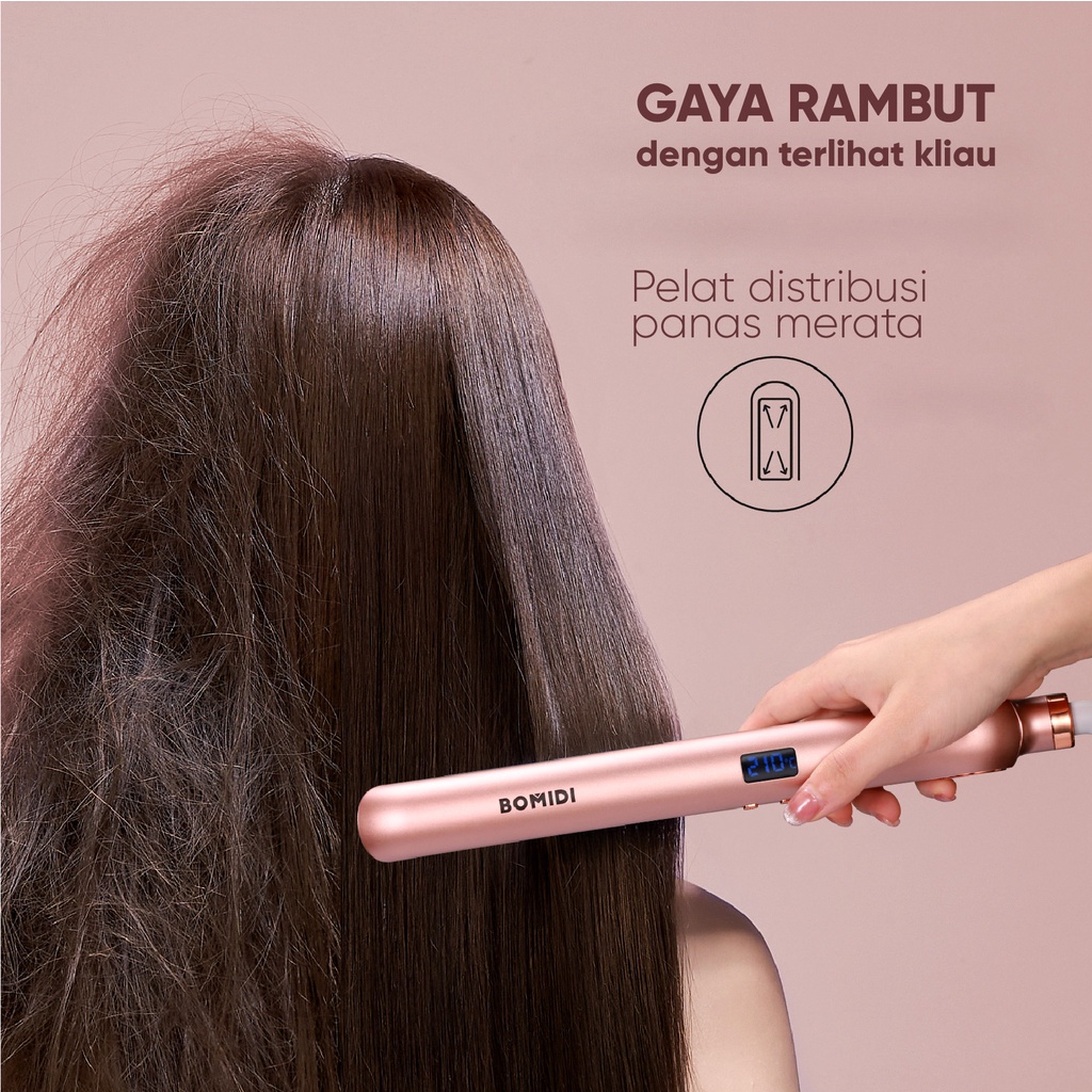 BOMIDI Hair Straightener HS1  Catokan Rambut 2 IN 1 Negative Ions Pink  Pelurus Rambut Curly Hair Straightener Catokan Lurus