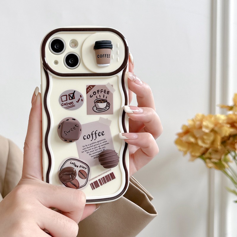 Fashion Coffee Bean Doll Push The Window Cover Soft Case iP iPhone 11 12 13 14 Pro Max + Plus Brown Wavy Casing Apple