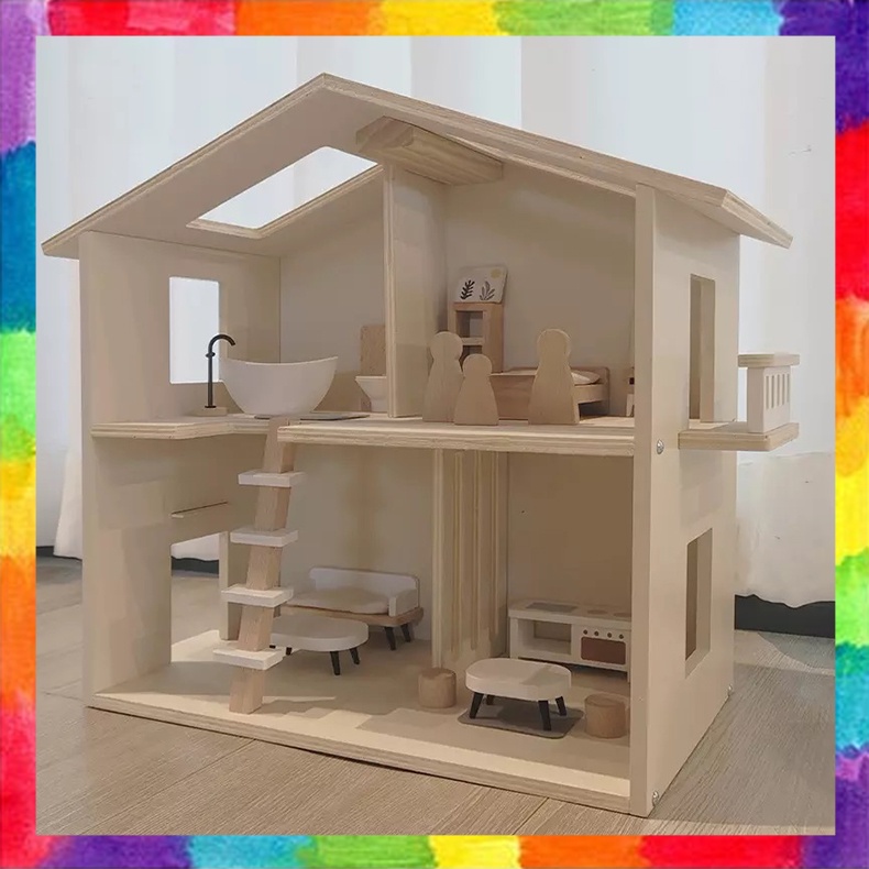 Mainan Anak Cewek Rumah Boneka Natural Color Children's Play Doll House Puppenhaus Kinder Small Furn