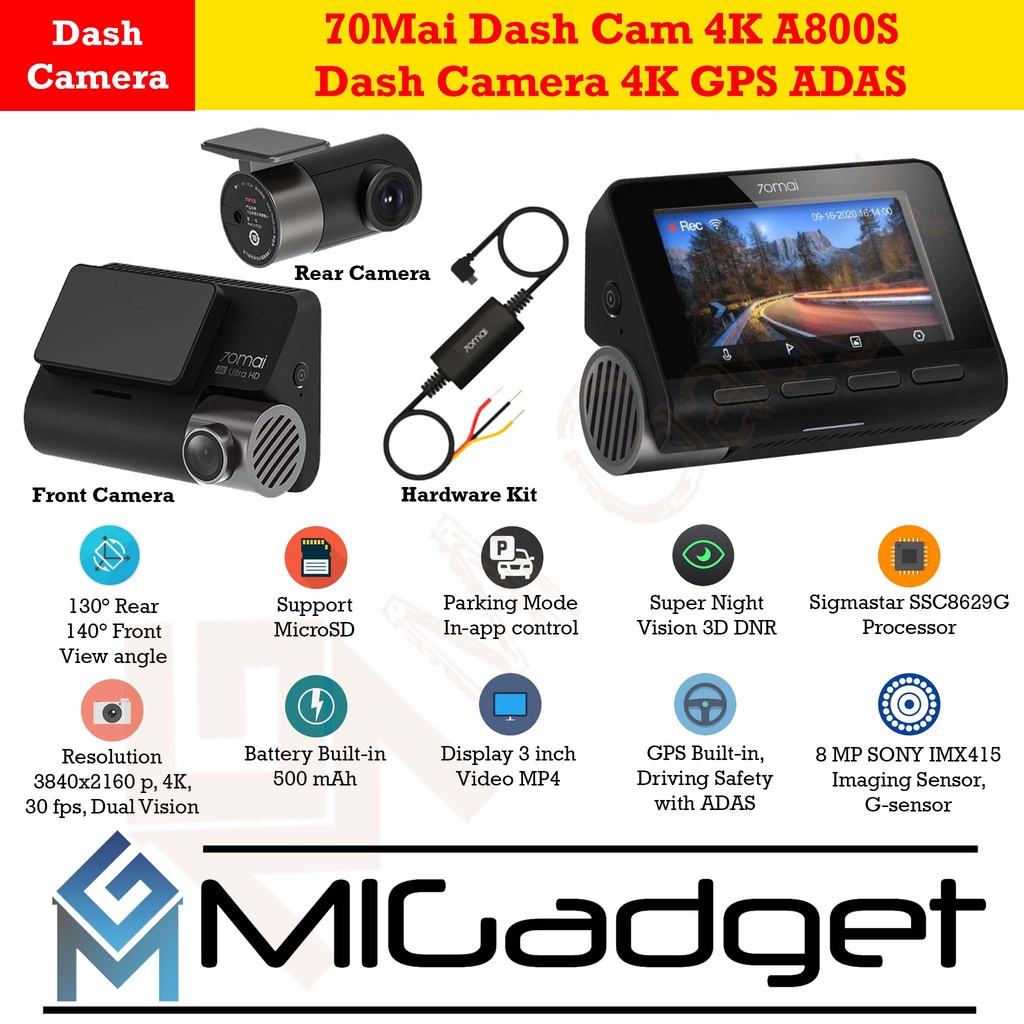 70Mai Dash Cam 4K A800S Dash Camera A800 S 4K GPS ADAS - Kamera Mobil