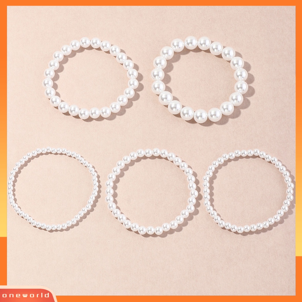 [WONE] 5 Pcs Wanita Gelang Peregangan Multilayer Perhiasan Plastik Faux Pearl Beads Bracelet Pernikahan