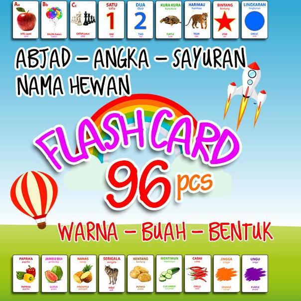 FlashCard 96 Kartu Edukasi - Huruf, Angka, Hewan, Warna Buah, Sayur 2 Bahasa Indonesia dan Inggris {