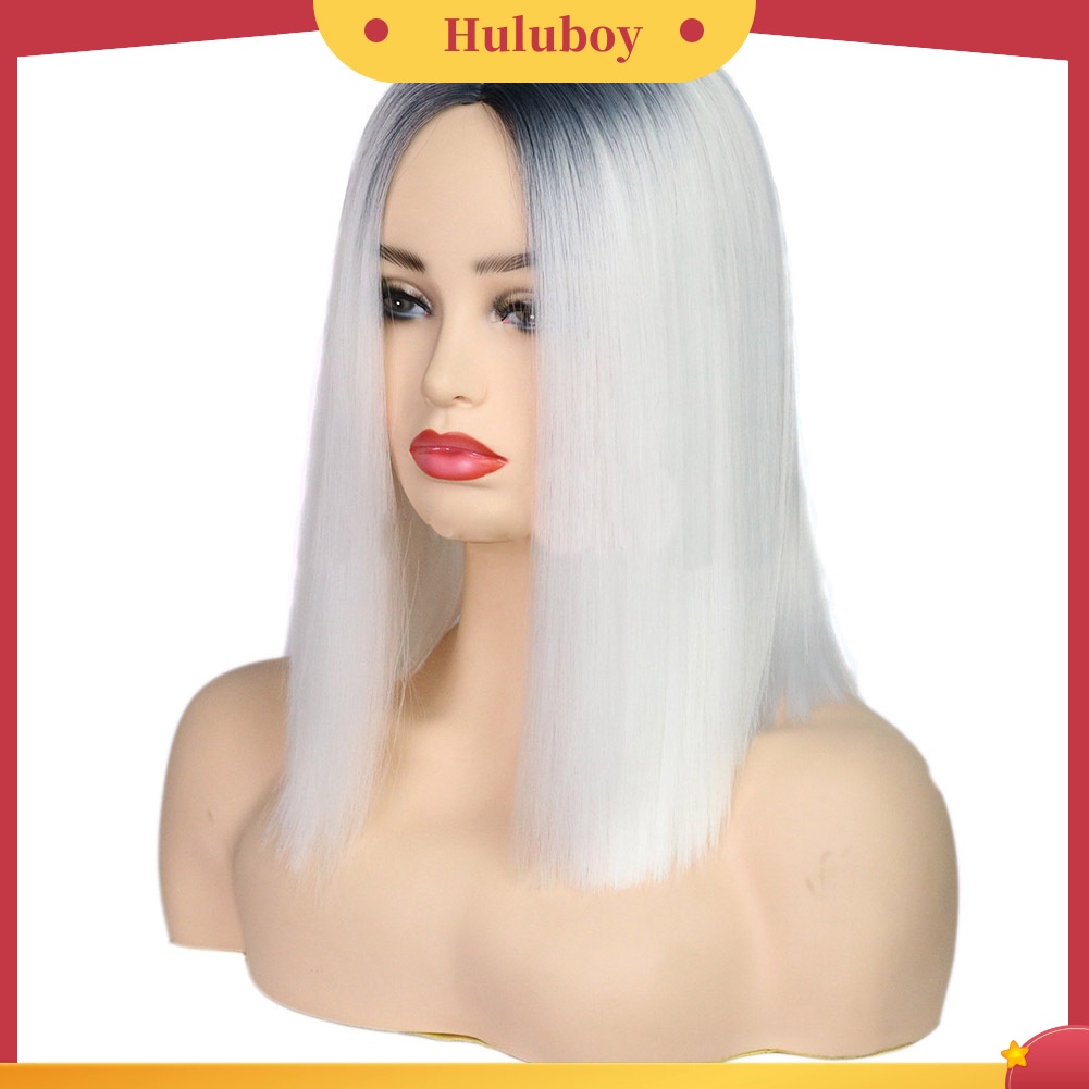 Wig Rambut Sintetis Model Lurus Warna Gradasi Hitam Putih Tahan Panas Untuk Wanita